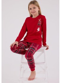 Resim Arnetta Garson Kız Çocuk Aile %100 Pamuklu 4 Mesim New Year Uzun Kollu Pijama Takım Kırmızı 