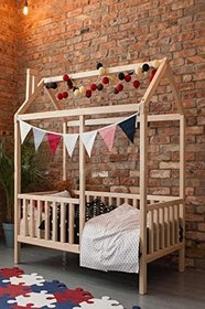 Resim Unisex Montessori Bebek ve Çocuk Karyolası Çatılı Doğal Ahşap Yatak Doğal Ahşap 120 x 200 LoolpiNM54 
