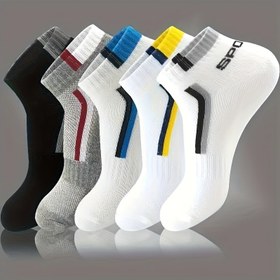 Resim Beş Çift Erkek Nefes Alabilen Örgü Çorap, 'Sport' Yazılı Şık Örgü Çoraplar, Basketbol ve Günlük Kullanım İçin İdeal. 