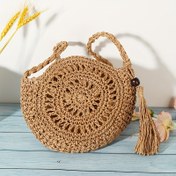 Resim Şık El Dokuma Yuvarlak Hollow-Out Omuz Çantası - Çok Yönlü Bej Kağıt Crossbody Fermuar Kapaklı, Tatil, Alışveriş ve Günlük Kullanım İçin Mükemmel 
