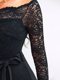 Resim Kadın Uzun Kollu Madonna Yaka Dantelli Yandan Bağlamalı Ithal Krep Tulum - Siyah / L-XL 