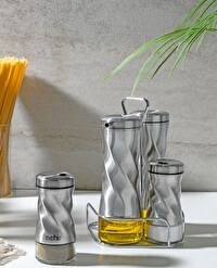 Resim Nehir Burgulu Standlı 4 Parça Paslanmaz Çelik Yağdanlık ve Baharatlık Seti 