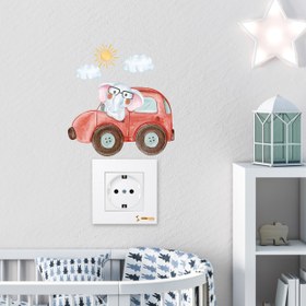 Resim Araba Süren Fil, Bulutlar ve Güneş Temalı Çocuk Odası Duvar Sticker - Priz Sticker - 14x15 cm / Renkli / Priz Sticker 