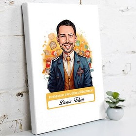 Resim Karikatürlü En İyi Erkek Okul Öncesi Öğretmeni Kanvas Tablo 