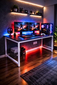 Resim Flinder Siyah/Beyaz Oyuncu Masası 60x140 Cm, Beyaz Renk Bilgisayar Masası, Gamer Masası, Gaming Masa 