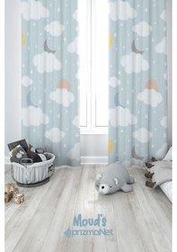 Resim Ay Ve Bulut Desenli Baskılı Çocuk Ve Bebek Odası Fon Perdesi 2 Kanat - Prd-21 Çok Renkli 