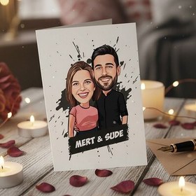 Resim Birbirine Aşık Sevgililer Karikatürlü Tebrik Kartı 