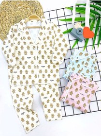 Resim 3-4-5-6 Yaş Fendi Baskılı Düğme Kapama 2li Kız Erkek Çocuk Pijama Takımı 001 