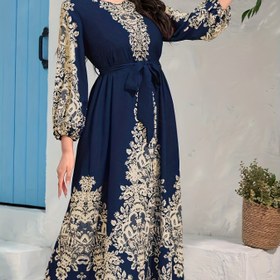 Resim Ramadan Grafik Baskılı Bağcıklı Kaftan Elbise, Zarif Fener Kollu Maxi Boy Elbise, Kadın Giyim 