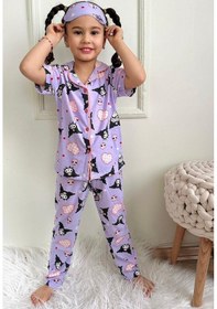 Resim Kız Çocuk Kedi Desenli Pamuklu Düğmeli Pijama Takımı Göz Bantlı Lila 