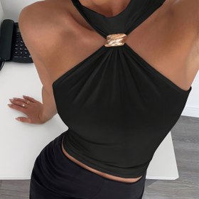 Resim Kadınlar İçin Metalik Detaylı Kolsuz Bluz - Seksi Şık Yaka Üst, Düz Renk Yazlık Ofis ve Parti Kıyafeti, Tüm Mevsimler İçin Zarif Kesim, Trendy Üst, İşe Gidiş Giyim, Şık Tasarım 