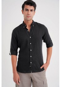 Resim Comfort Fit Düğme Yaka Katlanır Kol %100 Keten Düz Siyah Gömlek G 1595 Siyah 