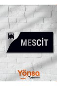 Resim Yönsa Mescit Kapı İsimliği Parlak Siyah Pleksi Gümüş Kabartma Pleksi 25x11 cm 