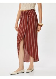 Resim Koton Koton X Melis Ağazat - Midi Boy Sarong Etek Kruvaze Asimetrik Slim Fit Kahverengi Çizgili 4sak70227ew Kahve Çizgili Kahve 