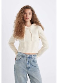 Resim DeFacto Regular Fit Basic Düz Kapüşonlu Crop Triko Kazak C7333AX24WNER103 Ekru 