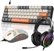 Resim % 60 RGB Oyun Klavyesi ve Fare ve Oyun Kulaklığı, Kablolu Mekanik Klavye, 68 Tuşlu TKL Kompakt Mini Düzen, Petek RGB Oyun Faresi, 6400DPI'ye kadar, PC MAC PS5 Xbox için, Gri 