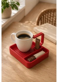 Resim Kahve Sunum Tepsisi Çok Bölmeli Masa Üstü Organizer Kupa Fincan Standı Pla 12.5x11x7 Cm Kırmızı 
