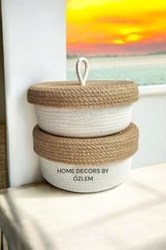 Resim 2 Li Hasır Sepet Takımı Kapaklı Sepet Organizer El Emeği Düzenleyici-22X13/20X10Cm Ekru Hasır 