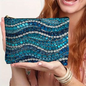 Resim 1 adet Şık Mavi ve Gümüş Taşlı Sikke Çantası - Ona Uygun Taşınabilir Kozmetik Çantası, 16.5x22.5/6.5x8.9 İnç, Polyester Malzeme, Seyahat Temel Çantası | Zarif Aksesuar | Dayanıklı Fermuar Kapatma, Sikke Çantası 