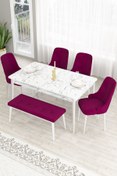 Resim Canisa Lav Serisi 80x130 Sabit Beyaz Mermer Desen Masa Takımı 4 Mürdüm Sandalye Ve 1 Bench 