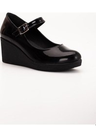 Resim Ayakdaş Baretli Kadın Dolgu Taban Klasik Ayakkabı Siyah-Rugan 