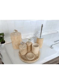 Resim Sarı Traverten Klasik Model 7 Parça Gümüş Renk Japon Gülü Aksesuarlı Banyo Seti Sarı Traverten 