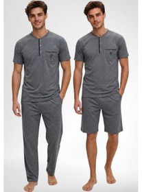 Resim Mecit Pijama Mecit 4008 Füme %100 Pamuk 3'lü Büyük Beden Erkek Pijama Takımı 