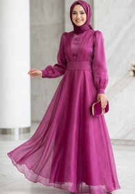 Resim Neva Style Drape Detaylı Fuşya Tesettür Abiye Elbise 45701F 