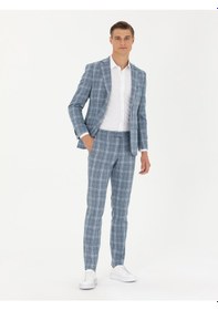 Resim Cacharel Mavi Slim Fit Yün Karışımlı Ekose Takım Elbise 
