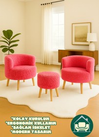 Resim DEKOR MOBİLYACIM Elegant Comfort Pamuk Şeker Pembesi Çay Seti Ve Peluş Ikili Berjer & Puf Takımı - 3'lü Set 