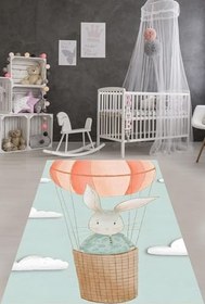 Resim Pelangi Uçan Balonda Tavşancık Bohem Tarz Minimal Yıkanabilir Kaymaz Taban Leke Tutmaz Çocuk Odası Halısık, Mavi-Pembe 80 x 150 