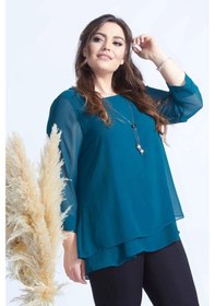 Resim 1934 Kolye Yakalı Şifon Büyük Beden Şık Bluz Petrol Petrol 