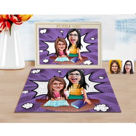 Resim Kişiye Özel Anne Kız Karikatürlü 1000 Parça Profesyonel Puzzle-1 