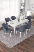 Resim Canisa Nef Serisi 70x114 Açılabilir Mdf Beyaz Mermer Desen Masa Takımı Ve 6 Füme Sandalye 