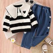 Resim Kızlar İçin İlkbahar/Sonbahar Uzun Kollu Çizgili Kalp Nakışlı Üst + Moda Günlük Kot Pantolon İkili Takım, Dış Giyim, Dış Mekan İçin Mükemmel 