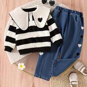 Resim Kızlar İçin İlkbahar/Sonbahar Uzun Kollu Çizgili Kalp Nakışlı Üst + Moda Günlük Kot Pantolon İkili Takım, Dış Giyim, Dış Mekan İçin Mükemmel 