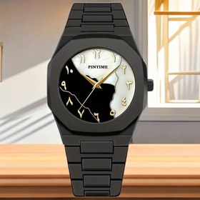Resim PINTIME Unisex Kuvars Saat - Ultra-İnce Hafif Siyah ve Altın Acenta, Geometrik Kadran Arap Rakamları ile, Dayanıklı Plastik Kasa ve Kayış, İş Casual Stil, Doğum Günleri, Sevgililer Günü Hediyeleri, Günlük Saat için Mükemmel | Minimalist Saat | Kuvars Hareketi 