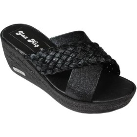 Resim Yazkış Kadın Siyah Çapraz Bantlı Örgü 7cm Dolgu Topuk Terlik 