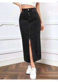 Resim Pass&pass 2100-etek Kadın Likralı Önden Yırtmaçlı Jeans Kot Denim Uzun Etek Siyah 