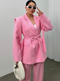 Resim msm fashion Kadın Oversize Blazer Ceket Pembe Kuşaklı Omuz Detaylı 