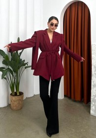 Resim msm fashion Kadın Oversize Blazer Ceket Bordo Kuşaklı Omuz Detaylı 