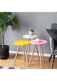 Resim İntergo Renkli Üçlü Zigon Sehpa Ahşap Ayaklı Yuvarlak Pastel Tasarım Sarı-Krem-Pembe 