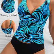 Resim Kalın Askılı, V Yaka ve Çapraz Pileli Tasarımlı İki Parçalı Tankini Takımı - Şık Günlük Mayo 