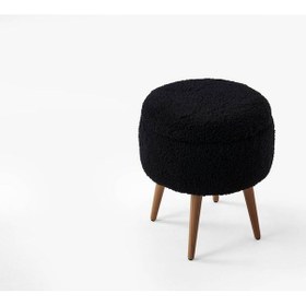 Resim Teddy Ahşap Ayaklı Sandıklı Yuvarlak Puf Makyaj Masası Pufu - Dekoratif Ayak Uzatma Pufu Siyah 