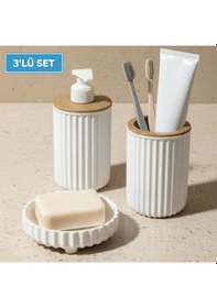 Resim 3 Parça Banyo Seti Modern Çizgili Tasarım Sıvı Sabunluk Diş Fırçalık Katı Sabunluk Beyaz 