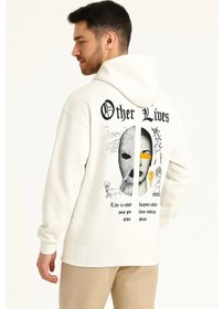 Resim Erkek Kapüşonlu Kanguru Cepli Sweatshirt 3 İplik Pamuklu Baskılı Hoodie - Beyaz 