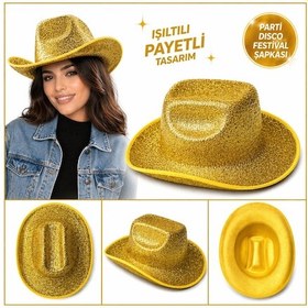 Resim Parlak Altın Gold Kovboy Şapka Kadın Erkek Parti Disco Semeglbl - 61 Festival Şapkası 