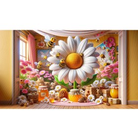 Resim Venspor Arı ve Papatya Temalı Renkli Balonlar ve Dekor Arkaplan, 200x150cm, Fon, Duvar Örtüsü 