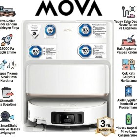 Resim Mova Robot Süpürge: 28.000PA Emiş, 80°c Sıcak Suyla Yıkama, 8cm Engel Aşma, Akıllı Halı Koruması, Maxireach Kenar Temizliği, Aı Engel Tanıma ve Kurutmalı Tam Otomatik Bakım Istasyonu 