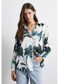 Resim Saten Yüzeyli Desenli Gömlek Yeşil Yeşil 